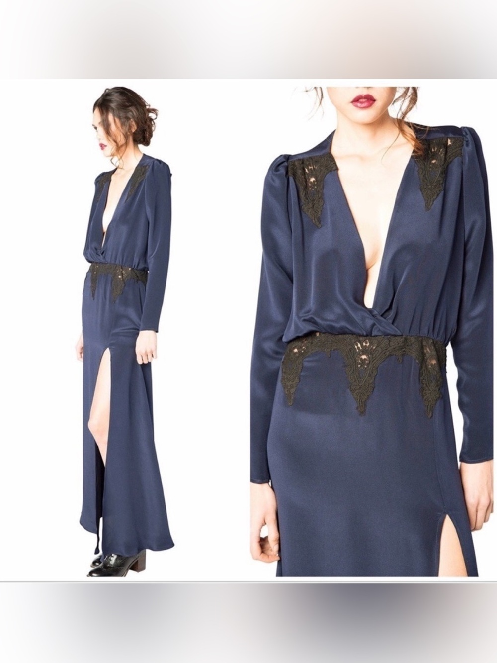 Stone Cold Fox Alabama gown Navy Long-Sleeve Lace-Dress w slit